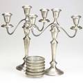 American silver pair of gorham 2arm weighted candelabra together with six sterling on glass ashtrays tallest 13 12