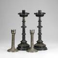 Two pairs of silver plated candlesticks gorham silver on brass baluster form and silver on copper pillar form 19th20th c taller 16