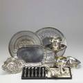American and continental silver german reticulated bowl with putti bonbon dish two pierced salvers sugar and creamer on tray coin silver spoon dated 1837 gorham salad servers six cased sheffiel