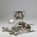 Silver and silver plate twelve pieces kirk repousse desk calendar and bookmark 800 silver hollow handled fork and slice continental silver hollow handled fish fork and slice plated crumber two