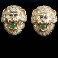 Gemset lions mask earrings 14k yg the mane highlighted by fine brilliant cut diamonds 80 ct the mouth and eyes set with emeralds 10 gs 78