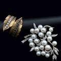 14k foliate jewelry emerald and diamond bypass ring in yg with a japanese pearl and diamond brooch in wg 75 ct diamonds 225 gs ring size 8