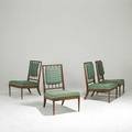 Style of th robsjohngibbings four walnut lounge chairs with patterned upholstery unmarked 33 12 x 23 x 26