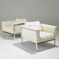Selig pair of club chairs with tufted vinyl upholstery on polished aluminum base 28 x 31 x 33