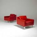 Selig pair of club chairs in glossy vinyl upholstery on polished aluminum base 28 x 31 12 x 34