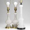 Murano pair of ribbed white lamps with gold veining together with a mottled white columnar lamp tallest 23