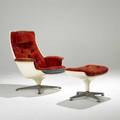 Overman lounge chair and ottoman in fiberglass with jack lenor larsen upholstery unmarked 36 x 29 x 36