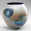 John lewis large moon vessel with stylized patterns in shades of blue and peach glass 1977 provenance the hand and the spirit gallery phoenix az signed lewis 774u 7 14 x 7 14