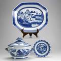 Blue and white canton three pieces 18th19th c covered bowl large rectangular platter and lotusform shallow bowl largest 18 14 x 15 14