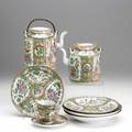 Chinese rose medallion eleven pieces 19th c two teapots two bowls three plates two sake cups and one cup and saucer largest 6 12