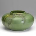 Volkmar low bowl in green crystalline glaze early 20th c signed 12 12 x 6 12