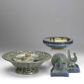 Fulper five pieces of pottery pair of peacock bookends flower bowl with frog and blue glazed bowl all 20th c each signed largest 13 12 x 4 14