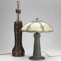 20th c table lamps arts  crafts hammered copper lamp probably german together with an american panel glass table lamp taller 28 34