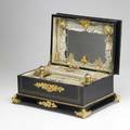 Ebonized sewing box boule inlay and dore mounts complete with sewing implements 19th c 16 12 x 12 x 7 12