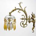 Bronze sconce grouping two pair one with prisms and beaded shades the other with glass shades 20th c 14 x 15