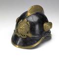 Imperial german fire helmet brass mountings on hard leather 19th c 7 12 high