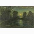 20th c tonalist landscape oil on canvas of a moonlight landscape framed 26 x 40