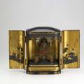 Private buddhist shrine lacquered and enameled buddha on lotus with attendants 8 12 x 5 x 11