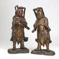 Pair of carved wood samurai polychrome decoration 19th20th c tallest 19 12