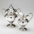 American coin silver partial coffee service jones low  ball boston ca 1850 monumental covered sugar bowl and large cream pitcher with palmette ribbons 36 ot tallest 10 34
