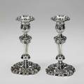 Pair of silver candlesticks by john watson sheffield 1815 knopped columns with broad acanthus and scroll ornaments 8 14