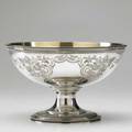 American silver footed centerbowl by william gale jr  co ca 1860 bright cut cartouches with strawberries applied borders interwoven monogram 225 ot 5 12 x 8 34