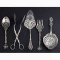 Italian rococo silver serving pieces 800 and 925 20th c pierced vegetable server with tavern scenic bowl pastry server with floral bouquet pastry tongs and salad servers 1325 ot longest 10