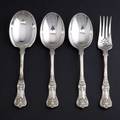 english king silver serving pieces for tiffany  co patented 1885 9 winged vegetable spoon 8 78 pierced fork 2 8 78 serving spoons three with gothic monogram b 166 ot