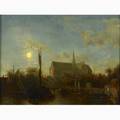 Elias pieter van bommel dutch 18191890 oil on canvas mounted on panel haarlem at twilight framed signed 10 x 17