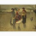 19th c french genre painting oilonpanel exotic scene with ladies and fishermen framed signed perron 9 x 12