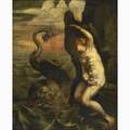 19th c european classical painting oil on canvas of a male nude and a dolphin in a seascape framed 30 x 24 12
