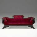 Transitional empire sofa mahogany frame with velvet upholstery ca 18201830 35 12 x 88 x 25