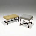 William and mary style benches both with mahogany frames 20th c larger 20 x 21 sq