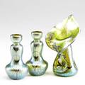 Loetz style three silver overlaid art glass vases 20th c tallest 7