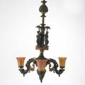 Victorian gas chandelier spelter and brass construction classical figures under palm trees electrified 19th c 42 12 x 21 12 dia