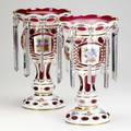 Pair of overlay lustres bohemian cranberry glass with prisms 20th c 13 12