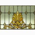 Stained glass window with fanshaped cartouche and geometric decoration 19th20th c 26 x 37 12