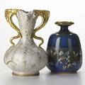 Riessner stellmacher  kessel two amphora porcelain vessels with enameled decoration red rstk stamp on blue austria amphora crown on other 7 14 and 9 14