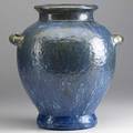 Fulper large hammered chinese blue flambe vase incised racetrack mark paper label 12 x 11 12