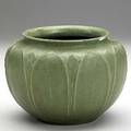 Grueby jardiniere with rows of leaves 34 chip to rim grueby pottery stamp 116 al 5 x 6 12