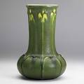 Grueby tall vase with blossoms and leaves provenance christies new york circular pottery stamp 12 34 x 8