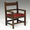 Roycroft heavy armchair with red leather seat carved roycroft on seat rail 38 12 x 25 x 22