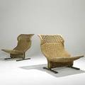 Pierre paulin attr pair of woven fiber lounge chairs on brass plated bases unmarked 34 x 28 12 x 41