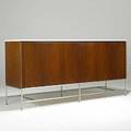 Paul mccobb calvin walnut and brushed steel credenza with rare milk glass top metal tag 34 12 x 71 12 x 19