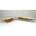 Paul mccobb calvin two brass walnut and travertine low tables each with metal tags 16 12 x 66 x 32 and 15 12 x 72 x 24