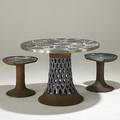 Brent bennet glazed stoneware pedestal table with mosaic and stainless steel top four stools two not pictured brent bennet california master ceramist and sculptor former cofounder of stoneware