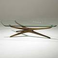 Vladimir kagan walnut trisymmetric cocktail table with plate glass top unmarked 15 14 x 72 x 30
