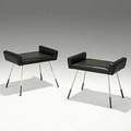 Style of franco albini pair of enameled and brushed steel stools with leather upholstery unmarked 18 x 21 14 x 15