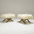 Dorothy draper pair of fruitwood and fur stools unmarked 17 12 x 26 x 20