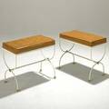 Jacques adnet pair of leather enameled steel and brass campaign benches unmarked 19 34 x 21 x 12 14